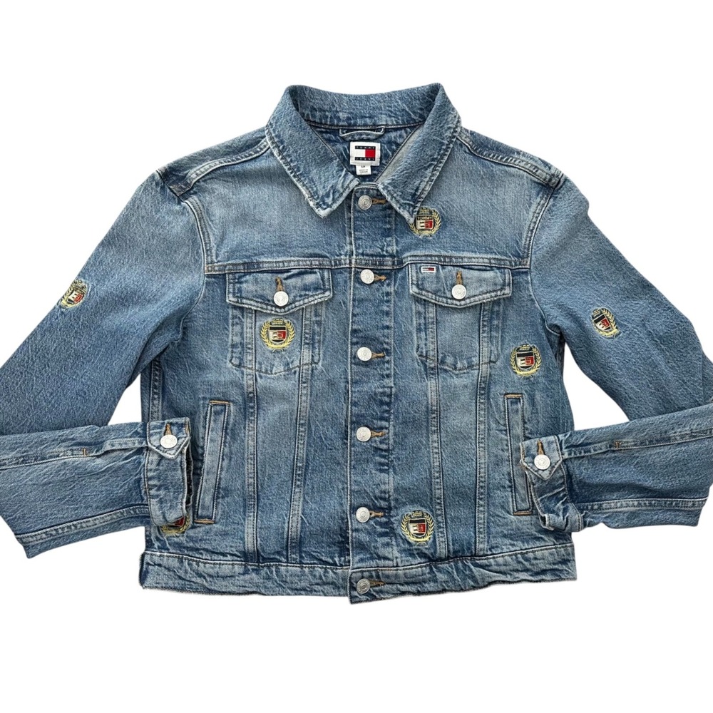 Tommy Hilfiger Denim Jean Jacket Izzie Slim Embroidered Crest Logo Women's Small